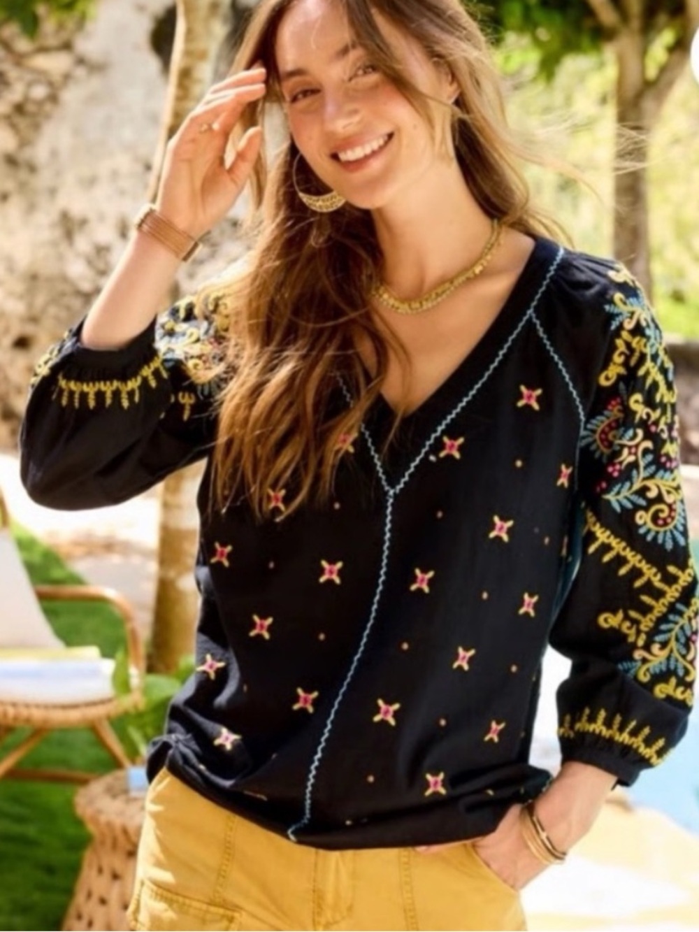BOGO! NEW Sundance Embroidered Popover Boho Blouse in Black NWOT PXL
